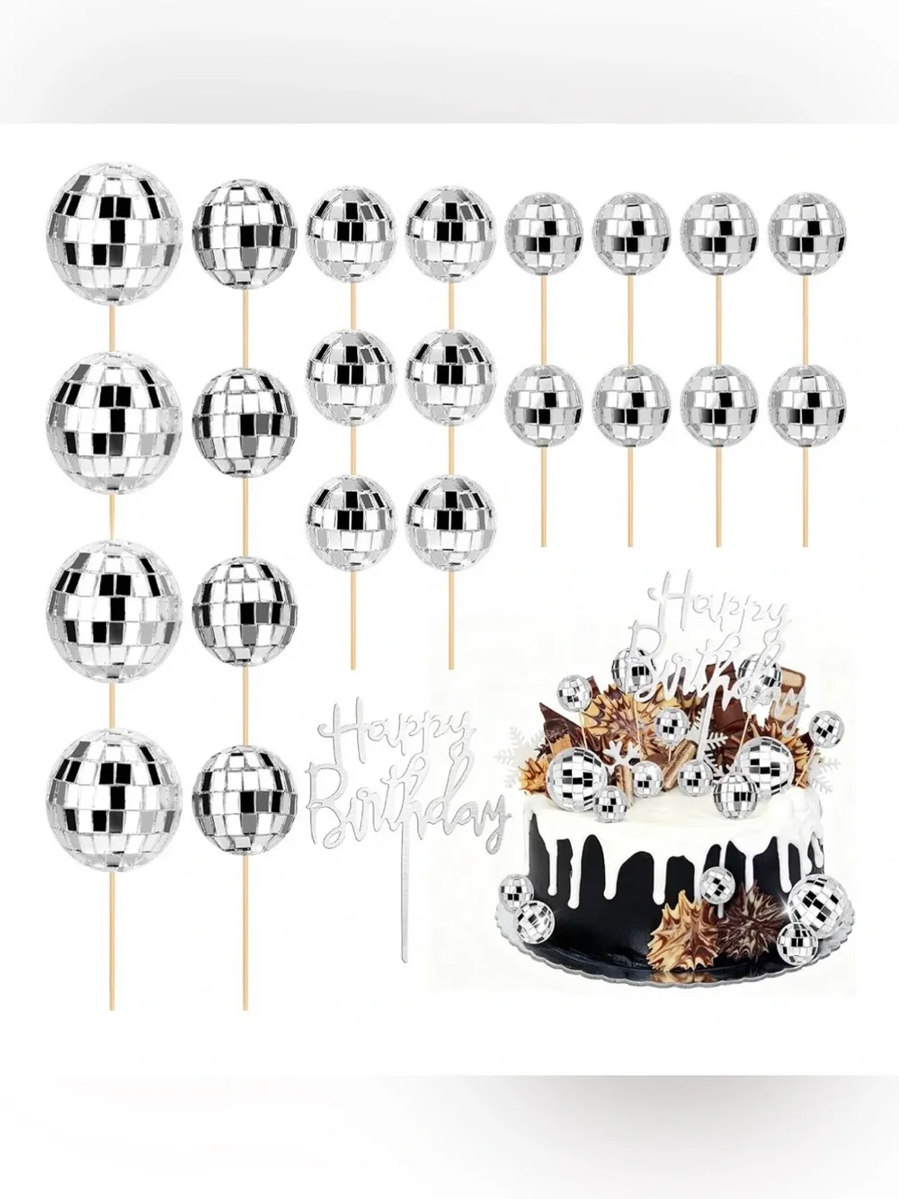 Silver Disco Ball Cake Picks - Party Cake Topper Set